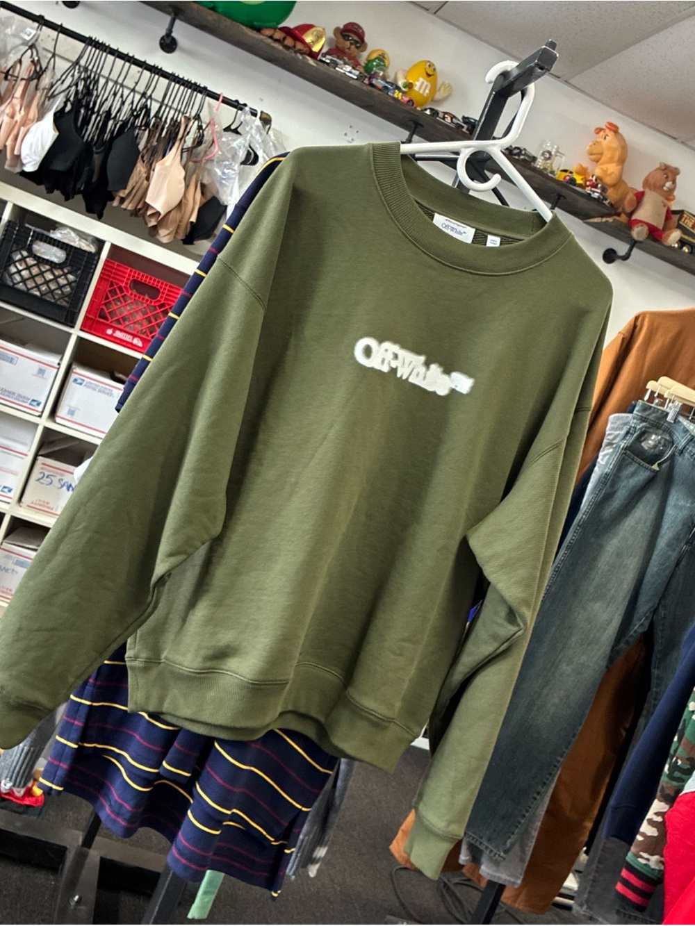 Off-White Men’s S Green Crewneck Graphic Logo 100% Cotton Sweatshirt Rare Used